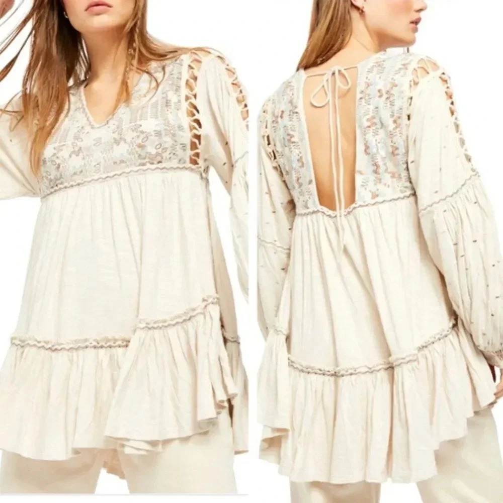 Free People Embroidered Boho Tunic Top